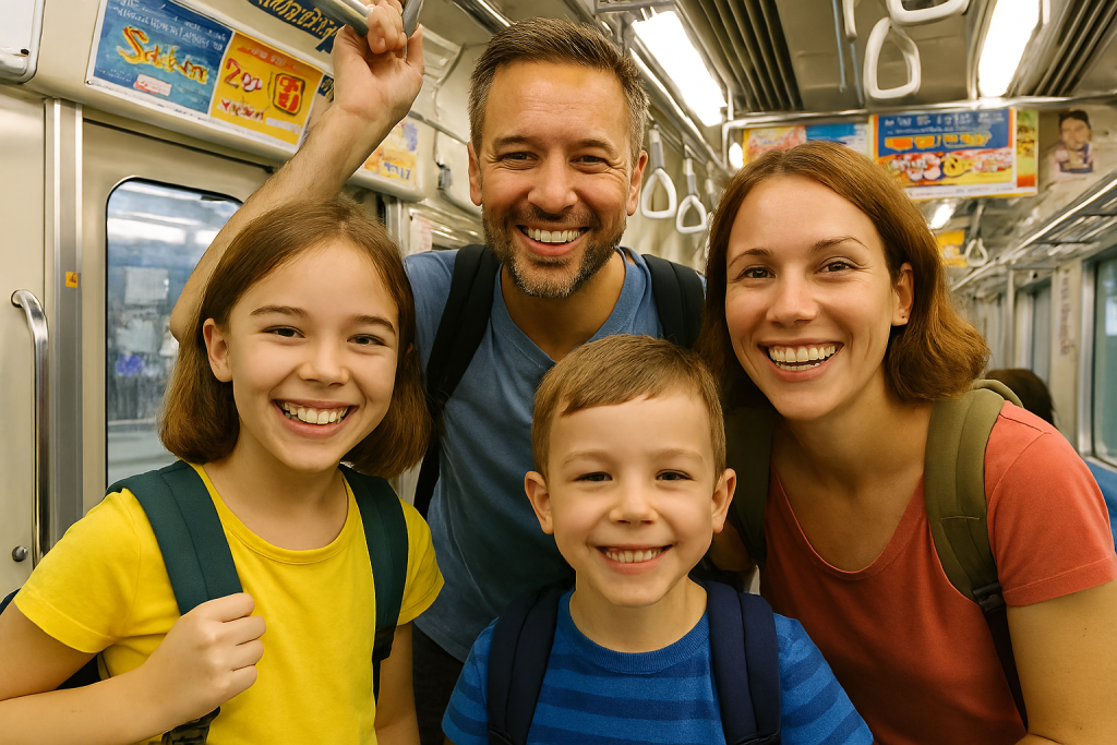 Family using Tokyo metro with kids